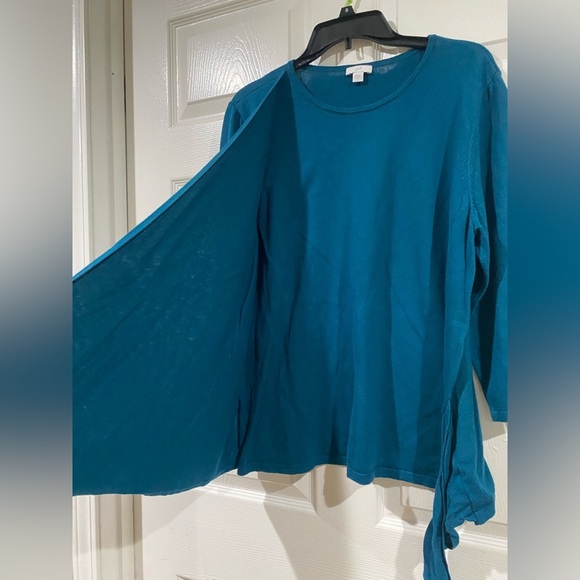 J. Jill Sweater Top XL Teal Cotton Blend Knit 3/4 Sleeve Round Neck Knot Tie - Picture 6 of 9